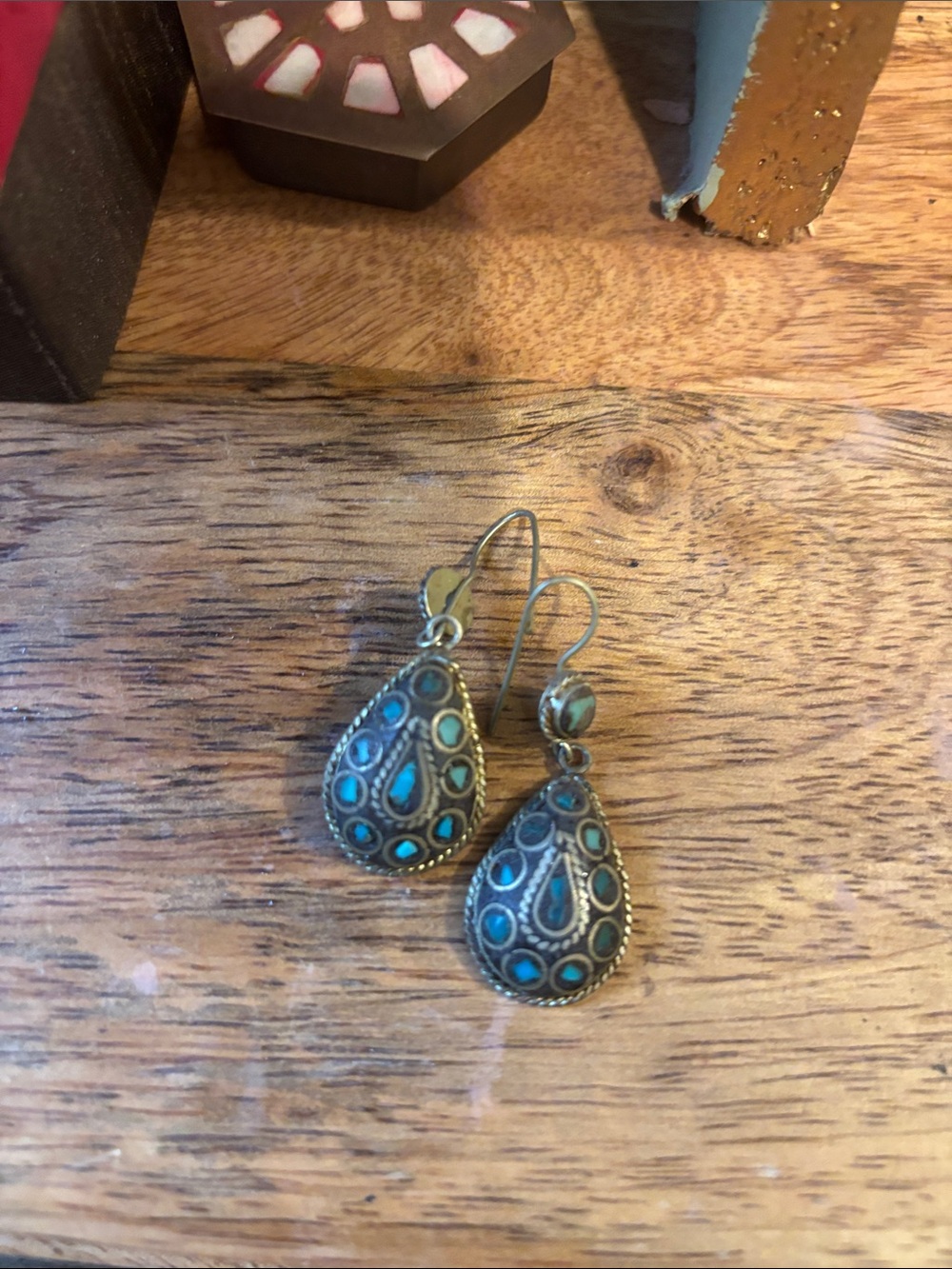 Vintage-Style Teardrop Dangle Earrings in Turquoise and Brass